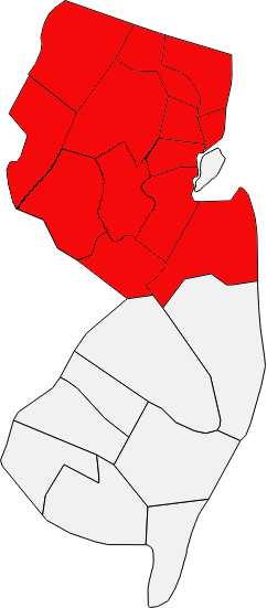Map of HS Dumpsters demolition service area — 13 northern New Jersey counties shaded in red