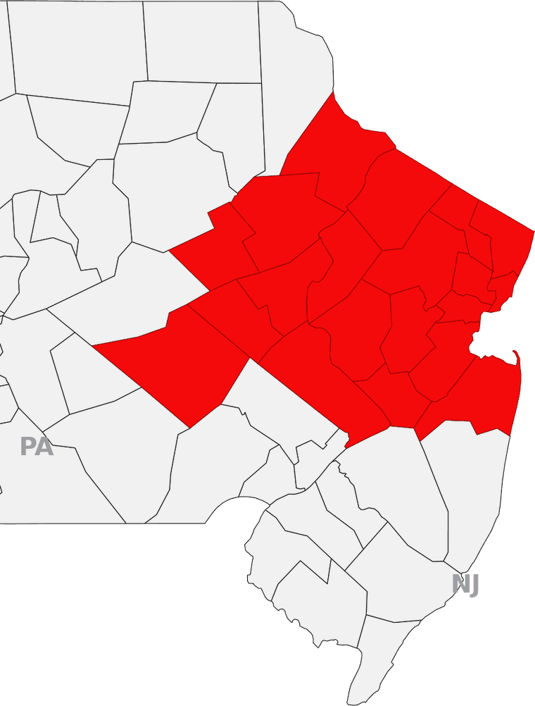 Map of the HS Dumpsters RV, boat and trailer pickup area — 13 northern New Jersey counties and seven Eastern Pennsylvania counties shaded in red